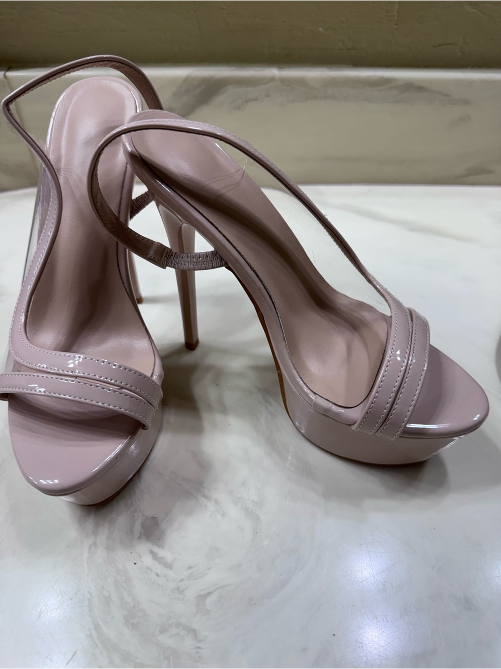 Nude Patent High Heel Platform sling back heel Sandals - Women